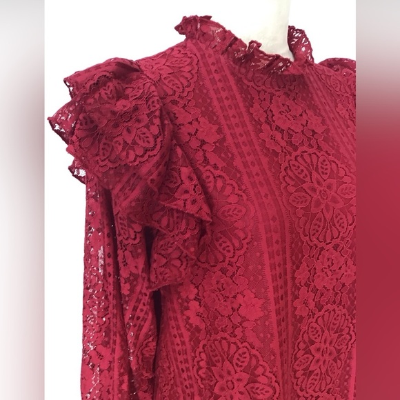 Entro Cranberry Salsa Lace Blouse Long Sleeve Ruffle Details Size Small … - Picture 7 of 10